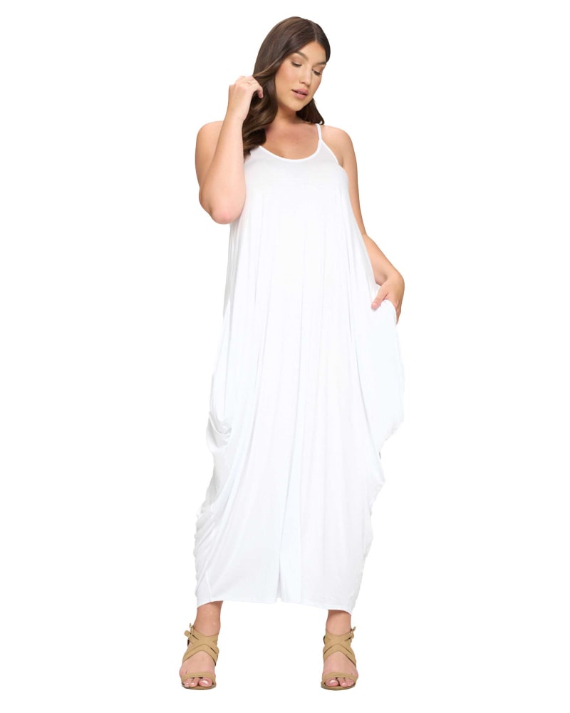 Front of a model wearing a size 1X Spaghetti Strap Harem Dress in White by L I V D. | dia_product_style_image_id:367352